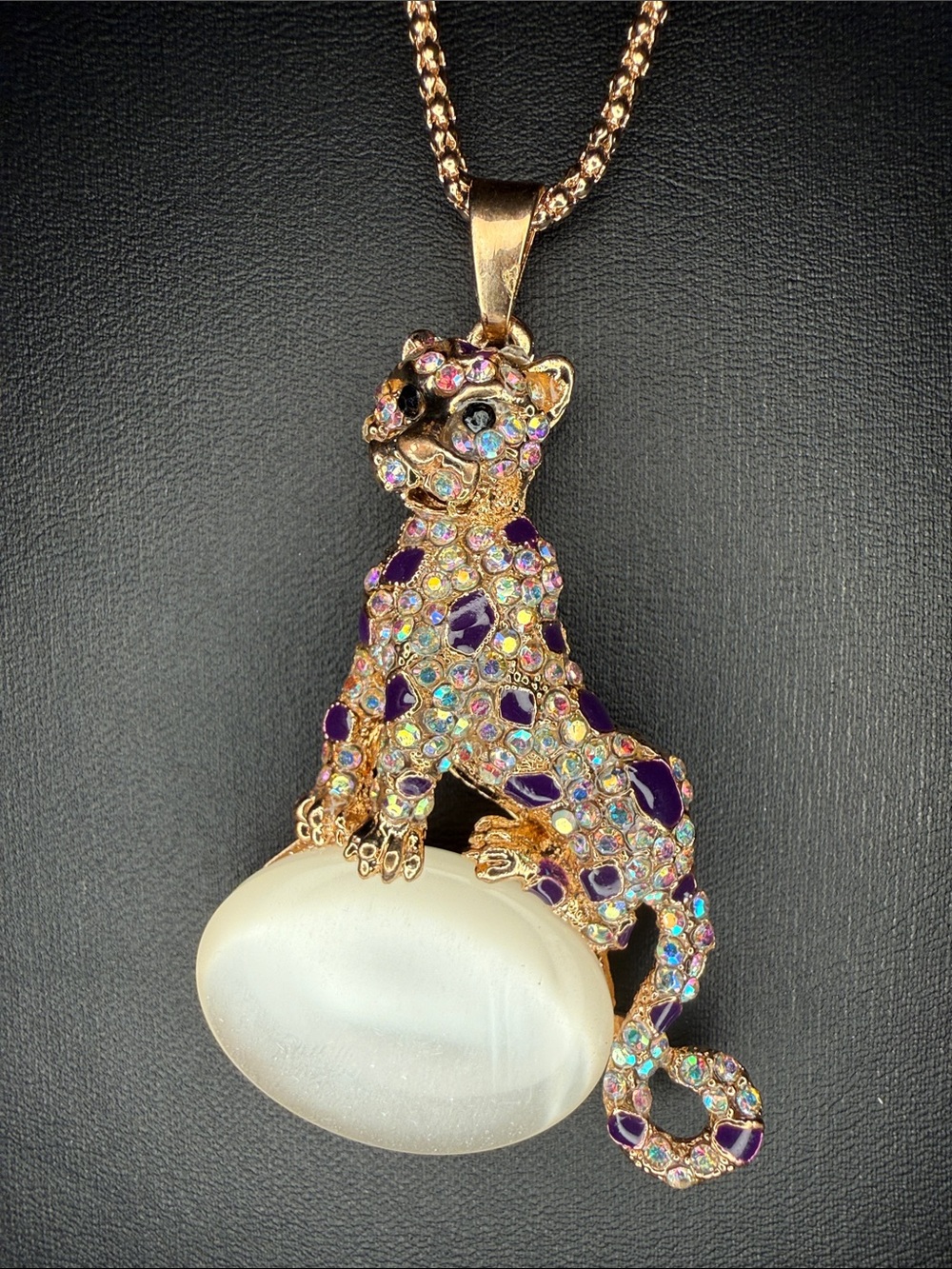 Betsey Johnson Purple spotted leopard w/ crystal pendent necklace NEW